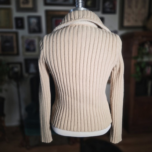 Y2K Glimmer Faux Shearling Buckle Jacket Cream Knit Sleeve Moto Sweater Jacket - Picture 5 of 7